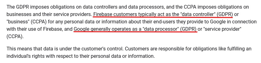 Google Firebase Privacy and Security: Data protection clause excerpt