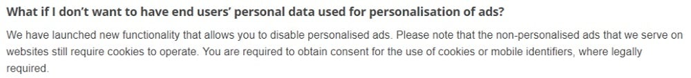 Google Help with User Consent Policy: What if I don’t want end users personal data for personalisation of ads section