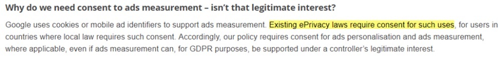 Google Help with User Consent Policy: Why do we need consent to ads measurement section