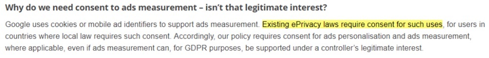Google Help with User Consent Policy: Why do we need consent to ads measurement section