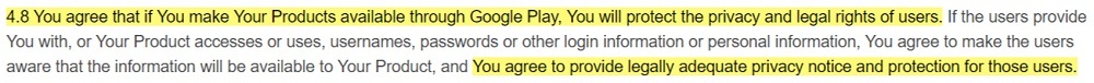 Google Play Developer Distribution Agreement: Agree to protect privacy and legal rights clause intro