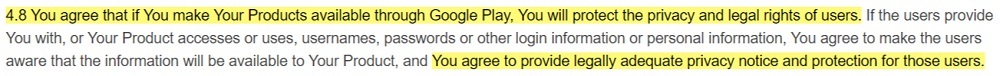 Google Play Developer Distribution Agreement: Agree to protect privacy and legal rights clause intro