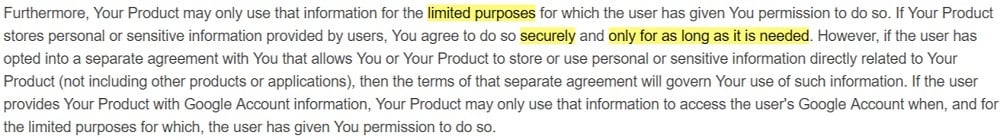 Google Play Developer Distribution Agreement: Agree to protect privacy and legal rights clause intro - Limited use and purposes section