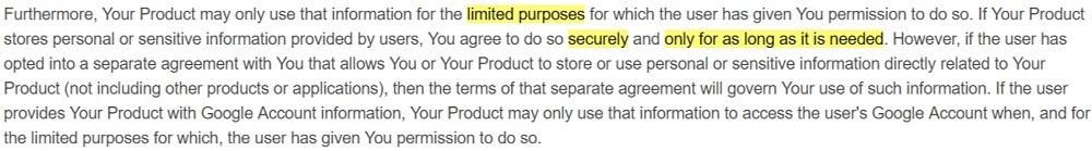 Google Play Developer Distribution Agreement: Agree to protect privacy and legal rights clause intro - Limited use and purposes section