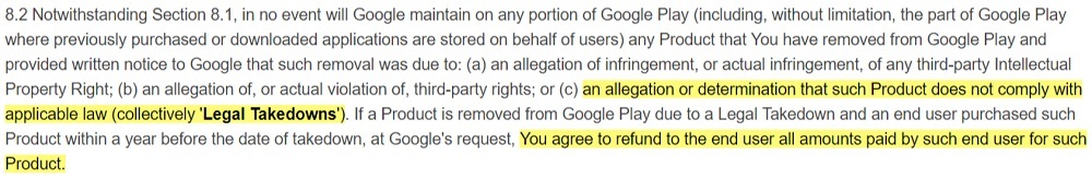 Google Play Developer Distribution Agreement: Legal takedowns clause