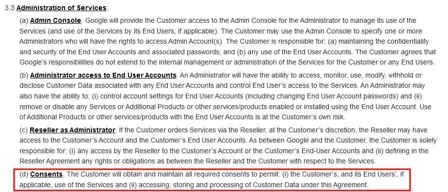 Google Workspace Terms of Service: Administration of Services - Consents section