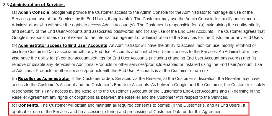 Google Workspace Terms of Service: Administration of Services - Consents section