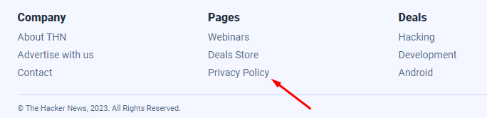 Hacker News website footer with Privacy Policy link highlighted