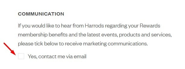 Harrods Rewards Program registration form: Communication consent checkbox
