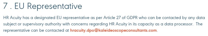 HR Acuity Privacy Policy: EU Representative clause