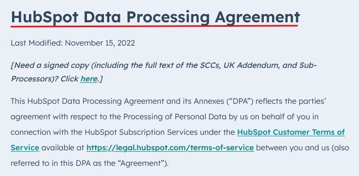HubSpot Data Processing Agreement intro