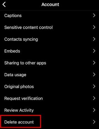 Instagram Account menu with Delete account highlighted