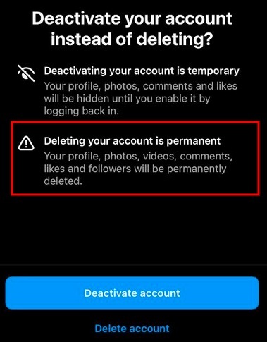 Instagram Delete or Deactivate account screen