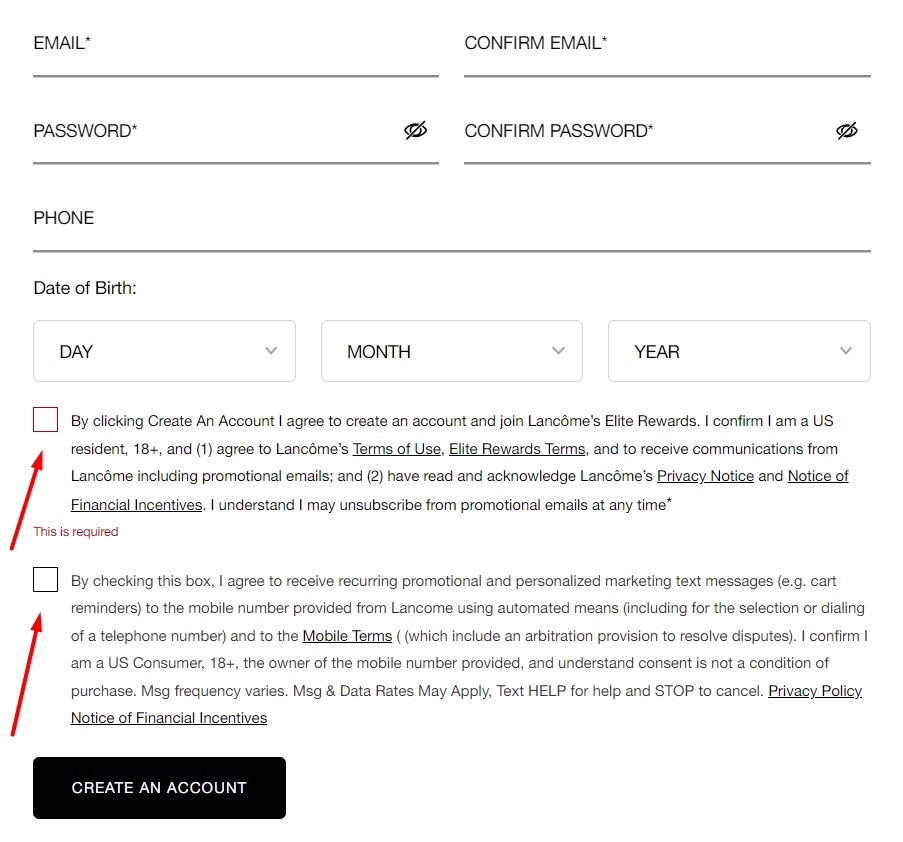 Lancome Create Account form with consent checkboxes highlighted