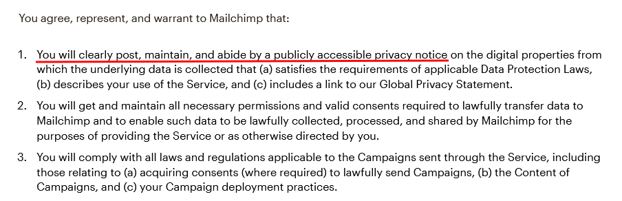 MailChimp Terms of Use: Post a Privacy Policy section