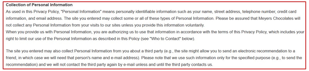 Meyers Chocolates Privacy Policy: Collection of Personal Information clause