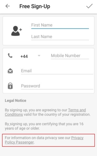 Mobile app sign-up screen with Privacy Policy link highlighted