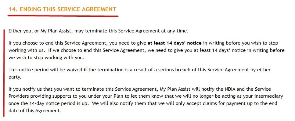 My Plan Assist Customer Service Agreement: Termination clause