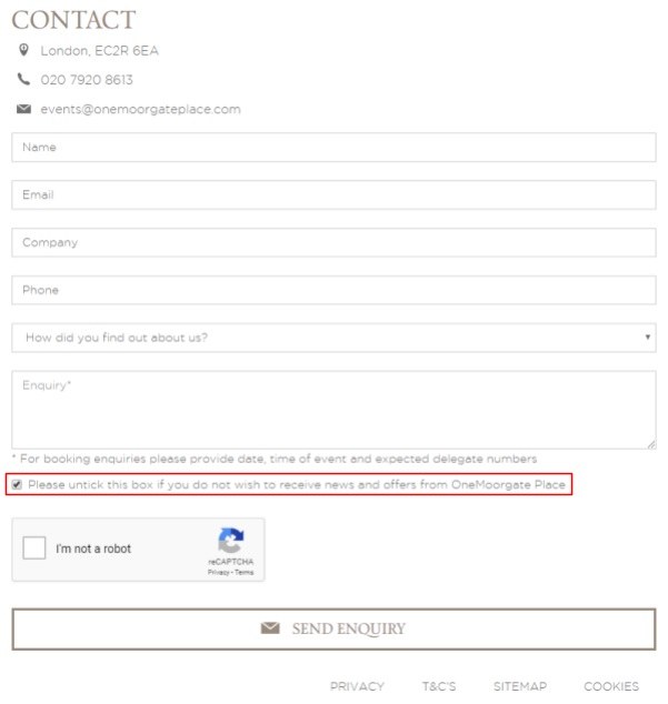 One Moorgate Place contact form with pre-ticked checkbox highlighted