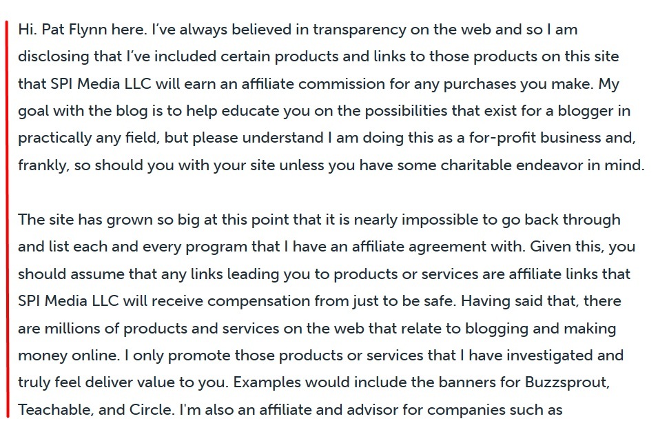 Pat Flynn Affiliate Disclaimer excerpt