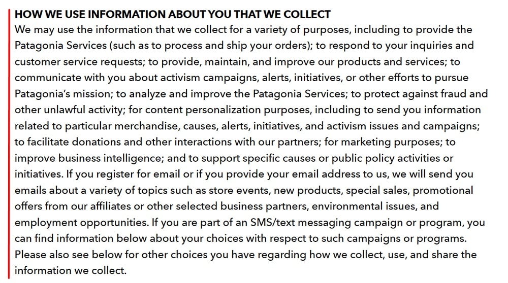 Patagonia Privacy Policy: How we use information about you that we collect clause