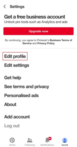 Pinterest app Settings menu with Edit profile link highlighted