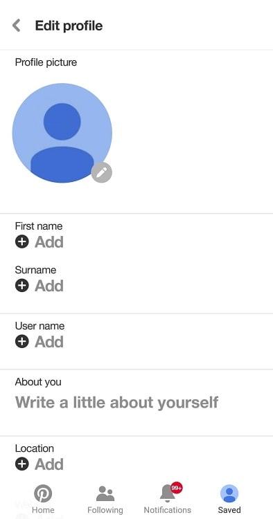 Pinterest Edit profile screen