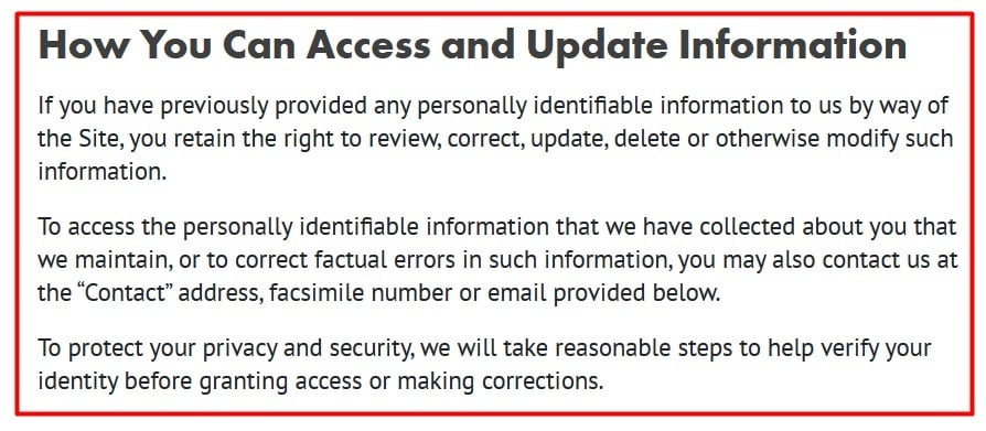 POM Wonderful Privacy Policy: How You Can Access and Update Information clause