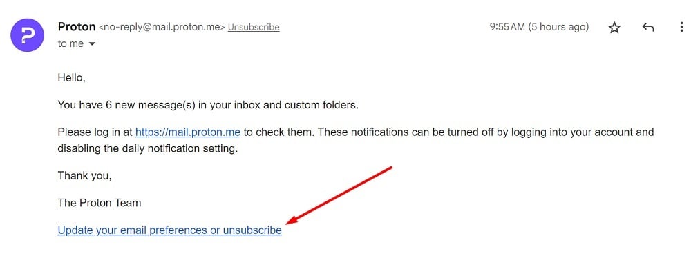 Proton Mail email with unsubscribe link highlighted