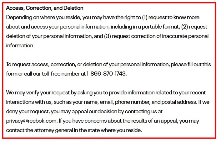 Reebok Privacy Policy: Access Correction and Deletion clause
