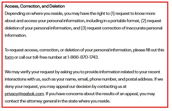 Reebok Privacy Policy: Access Correction and Deletion clause
