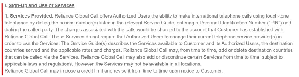 Reliance Global Call Customer Service Agreement: Sign-up and Use of Services clause
