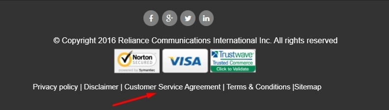 Reliance Global Call website footer with Customer Service Agreement link highlighted