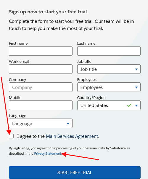 Salesforce free trial form with checkbox and privacy statement link highlighted