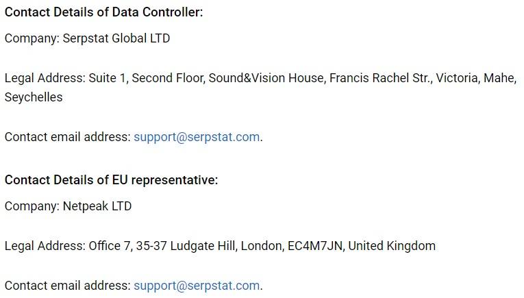 Serpstat Privacy Policy: COntact Details of Data Controller and EU Representative clause