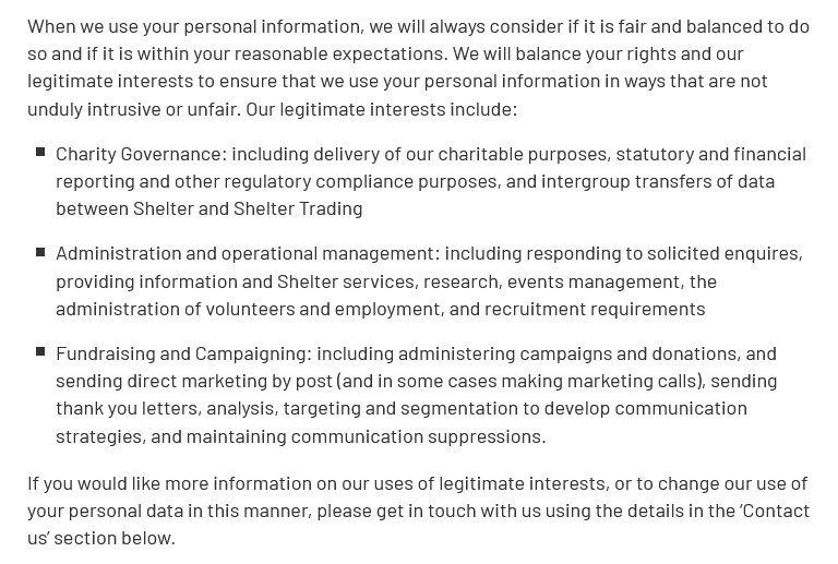 Shelter Privacy Policy: Legal basis for processing personal data clause excerpt-2