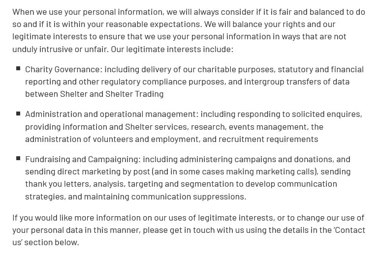 Shelter Privacy Policy: Legal basis for processing personal data clause excerpt-2