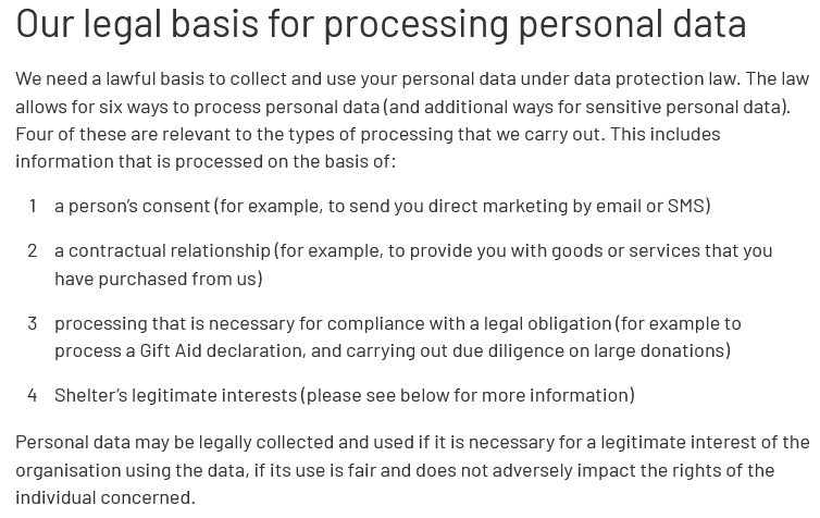 Shelter Privacy Policy: Legal basis for processing personal data clause excerpt