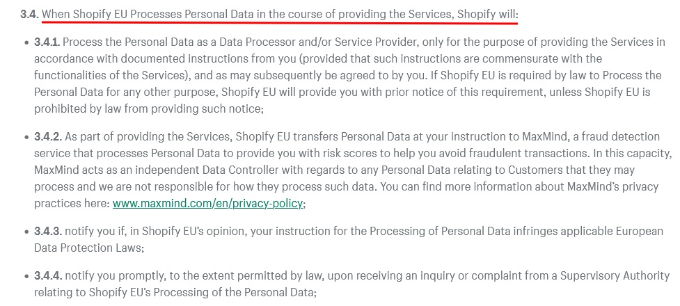 Shopify Data Processing Addendum: Section 3 4 excerpt