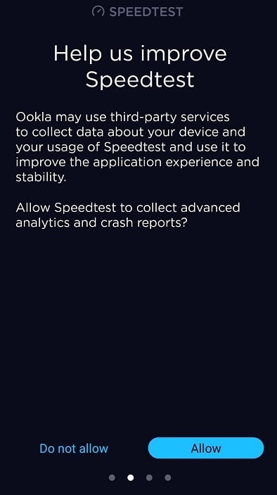 Speedtest app Request consent to collect advanced analytics crash reports screen