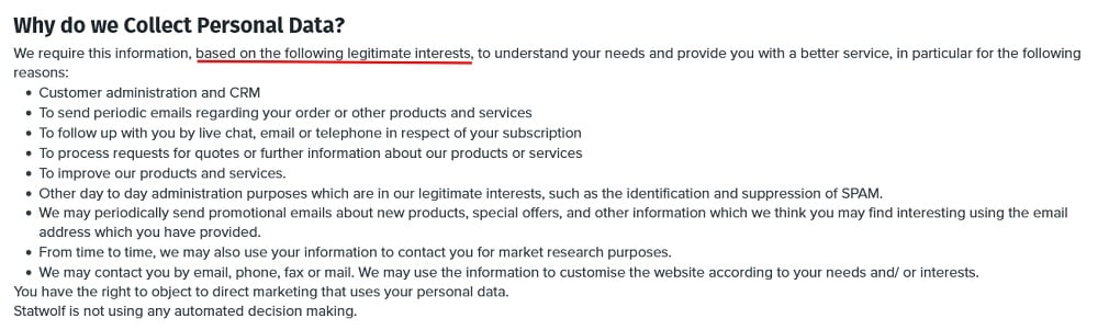 Statwolf Privacy Policy: Why do we Collect Personal Data clause