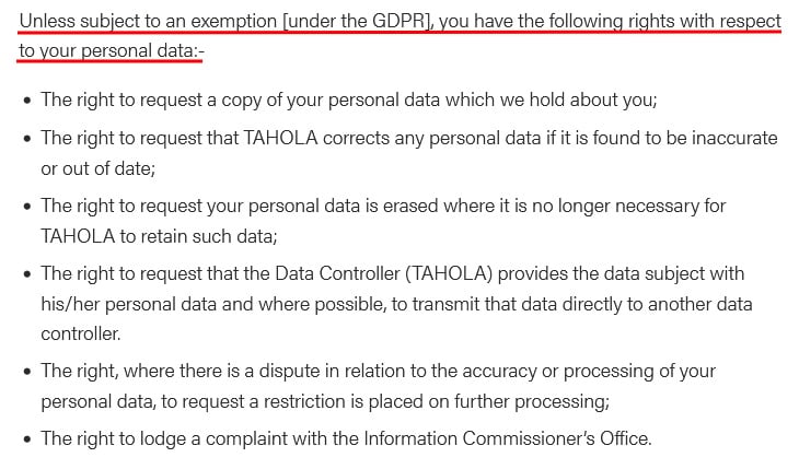 Tahola Privacy Policy: GDPR Rights clause