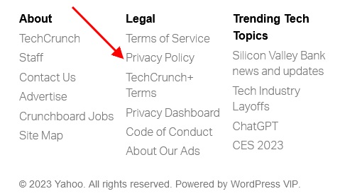 TechCrunch website footer with Privacy Policy link highlighted
