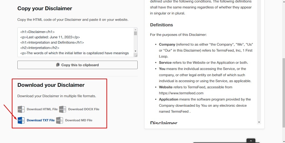 TermsFeed App: Disclaimer Download page - Download your Disclaimer - TXT file highlighted