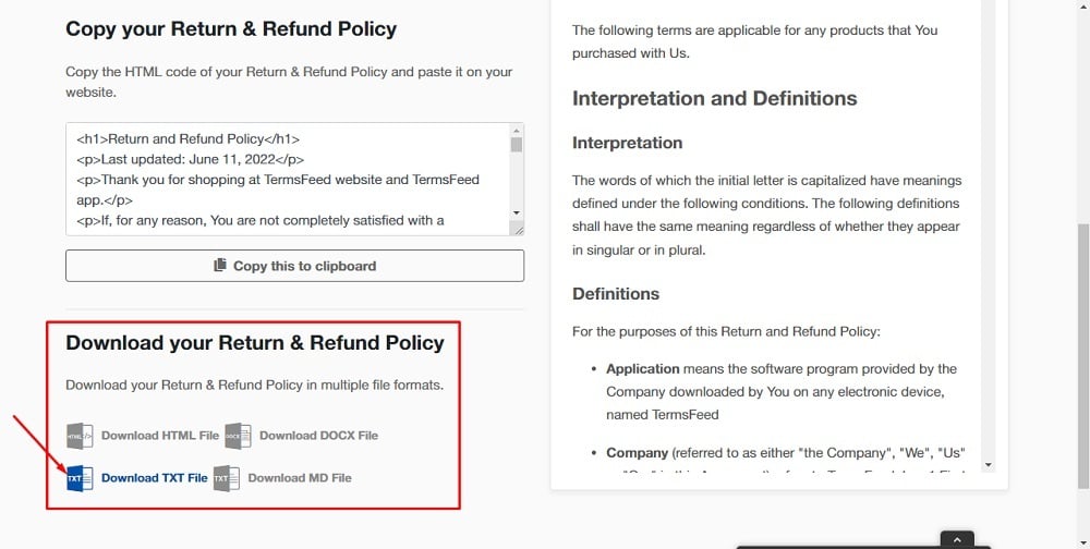 TermsFeed App: Return and Refund Policy Download page - Download your Return and Refund Policy - TXT file highlighted