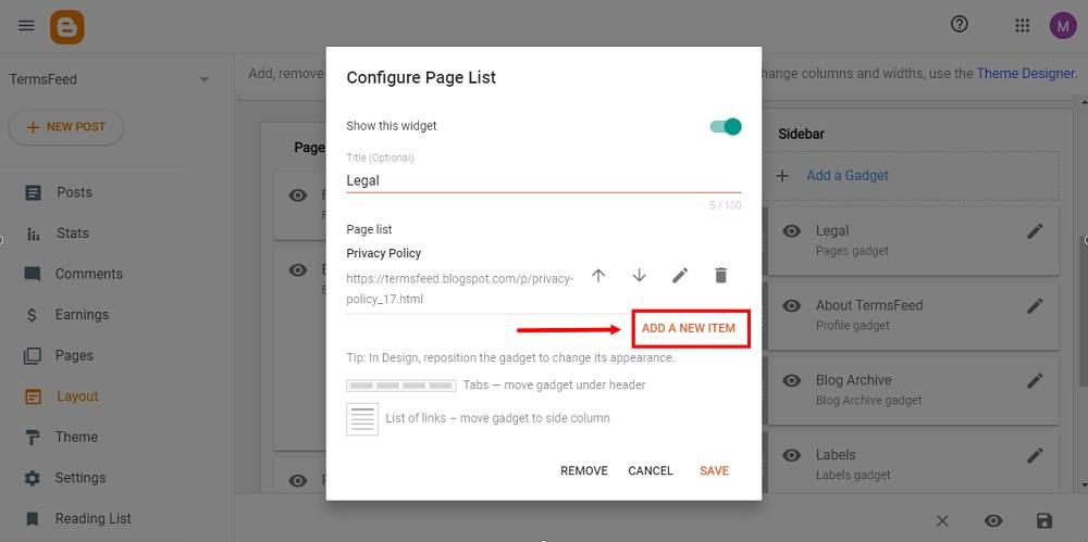 TermsFeed Blogger: Dashboard - Layout - The Legal Pages Gadget - Add a New Item option highlighted