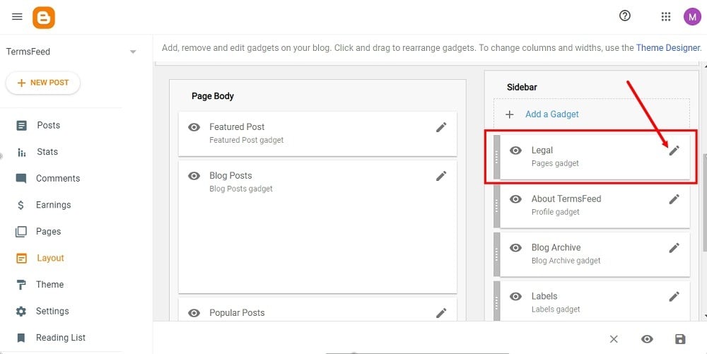 TermsFeed Blogger: Dashboard - Layout - The Legal Pages Gadget highlighted