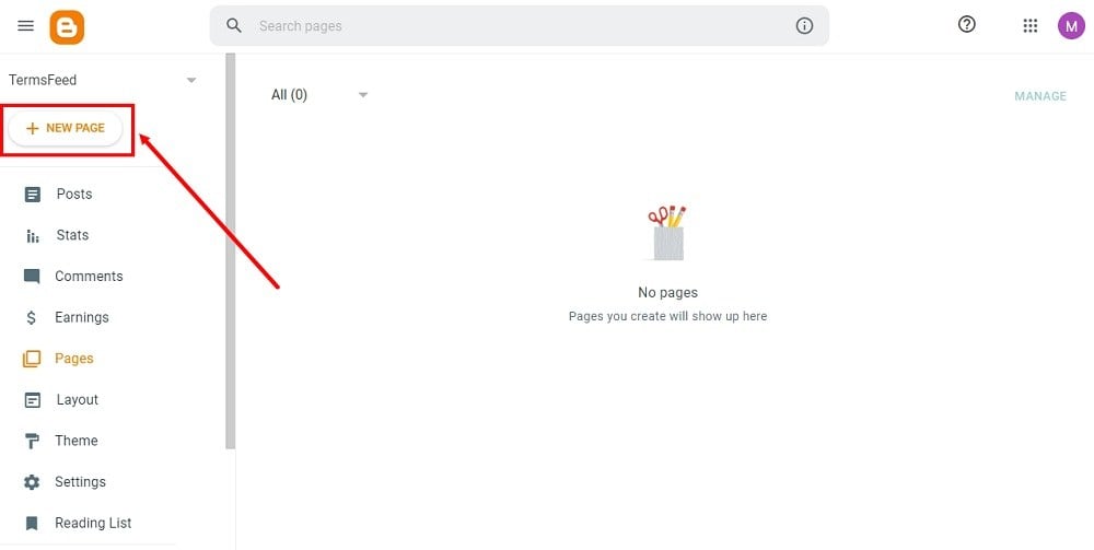 TermsFeed Blogger: Dashboard - Pages - Add a new page