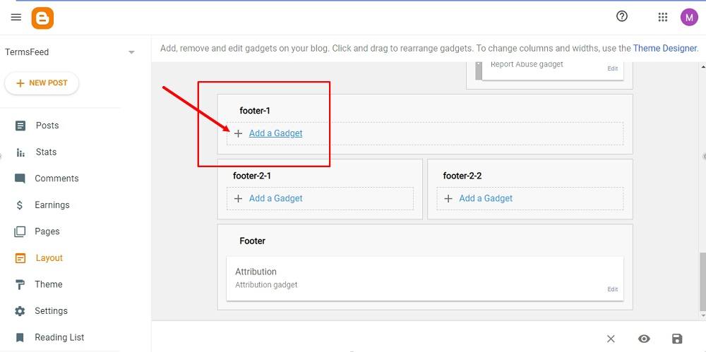 TermsFeed Blogger: Layout - footer - Add a Gadget highlighte