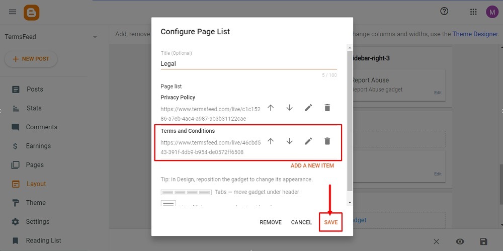TermsFeed Blogger: Layout - footer -  Legal Pages Gadget - New Item added - Save highlighted